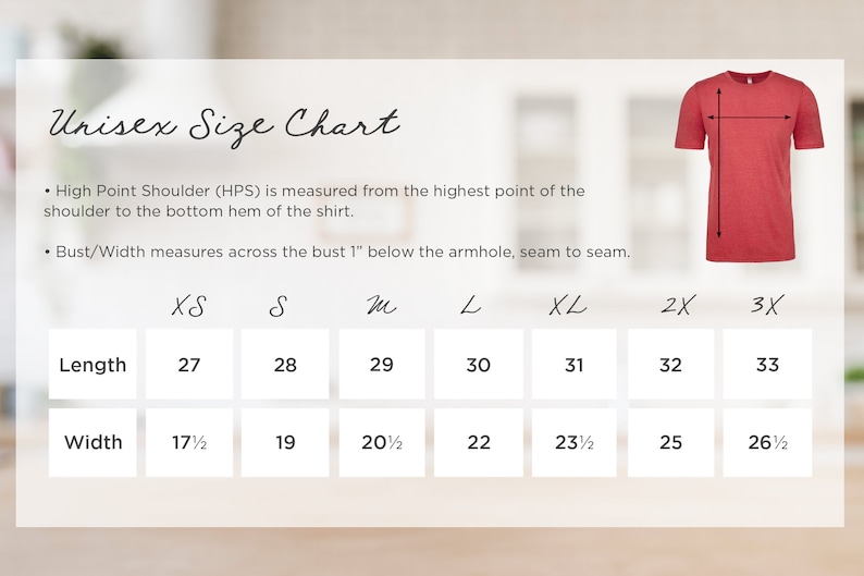 Op de afbeelding: Unisex maattabel voor een t-shirt met metingen in inches voor lengte en breedte. De tabel bevat de maten XS, S, M, L, XL, 2X en 3X.