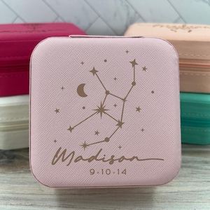 Portagioie da viaggio per il compleanno della Vergine, regalo personalizzato con oroscopo, portagioie da viaggio con motivo a stelle celesti, grazioso regalo personalizzato per la matrigna
