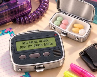 May include: A rectangular metal pill case designed to resemble a vintage pager with a black face and a digital screen displaying the text 911: FALSE ALARM JUST MY BRAIN AGAIN. The case is open, revealing two white compartments containing small pills.