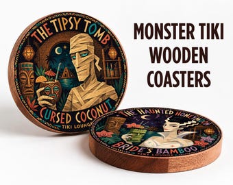 Retro Tiki Bar Coaster, Mid Century Tiki Lounge Decor, Vintage Horror Monster Set, Beachy Drink Coasters, Egyptian Mummy Barware, Funny gift
