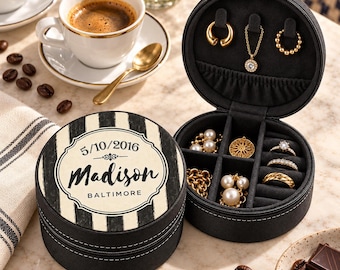 Personalized Black Stripe Travel Jewelry Case, Cute Hand Drawn Stripes Jewel Box, Custom Name Trinket Box,  Classic Preppy Bridesmaid gift