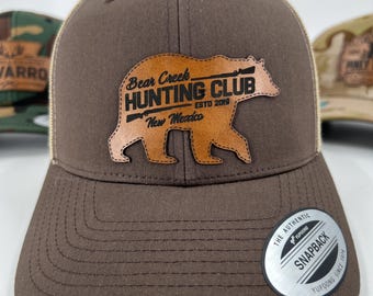 Bear Hunter Trucker Hat, Custom Bear Shaped Leather Patch Trucker Cap, Personalized Hunting Gear, Gift for Outdoorsman, Gift for Stepdad