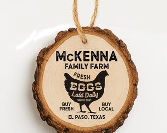 Personalized Small Wood Slice Ornament, Backyard Chicken Farmer Gift, Laser Engraved 2 inch Wooden ornament, Mini Rustic Farm Gift Tag