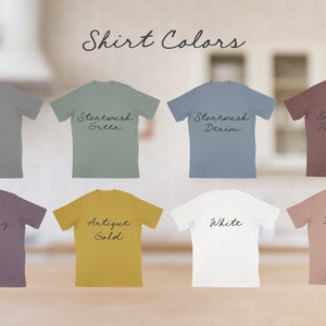 May include: Eight t-shirts in different colors, including ash, stonewash green, stonewash denim, smoked paprika, shiraz, antique gold, white, and desert pink. The shirts are laid out on a light wood surface.