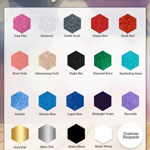 May include: A colour chart titled "Lettering Colour Choices" displays 19 hexagonal colour swatches. Colours include Pink Flirt, Diamond, Castle Rock, Flame Red, Brick Red, Rose Gold, Glimmering Gold, Night Sky, Emerald Envy, and Sparkeling Aqua.