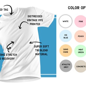 T-shirts available in white, pink, stonewashed green, ice blue, peach, stonewashed denim, sand dune, mint green, pale lemon, athletic gray, and concrete.