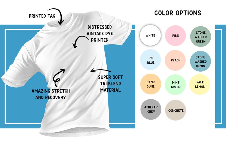T-shirts available in white, pink, stonewashed green, ice blue, peach, stonewashed denim, sand dune, mint green, pale lemon, athletic gray, and concrete.