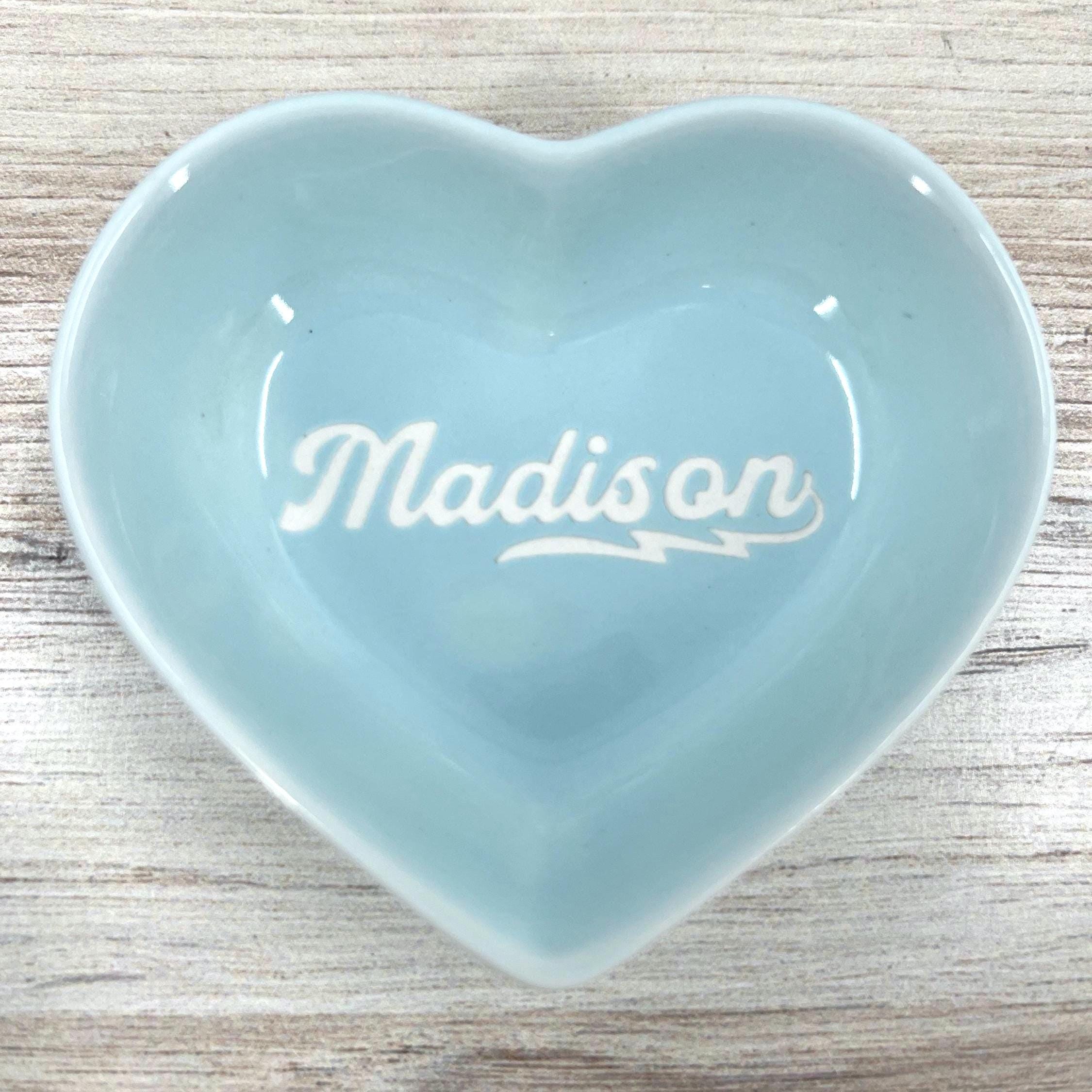 Heart Shaped Keepsake Trinket dish, Personalized Laser Engraved Ring Holder, Name with Lightening Bolt Tail Jewelry dish, Ceramic Blue heart
