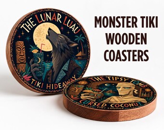 Werewolf Tiki Wood Coaster, Spooky Wolf Bar Decor, Retro Beach Lounge Set, Tropical Drink Coasters, Mid Century Barware, Wolfman Monster Set