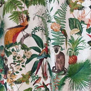 Tropical Jungle Linen Curtains Heavy Weight Linen Bespoke Drapery Palm Tree Safari Bird & Monkey Animal Curtain Panels Custom Set of 2