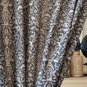 Luxe Victorian Damask Curtain Panel Floral Linen Curtains Grey-Navy French Country Elegant Vintage-Inspired Indigo Blue Background Set of 2