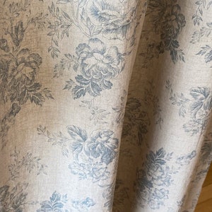Linen Curtains Farmhouse Cottage Drapery Dusty Blue Floral Beige Curtain Panels Vintage Flower Patterned Kitchen Cafe Valances Set of 2