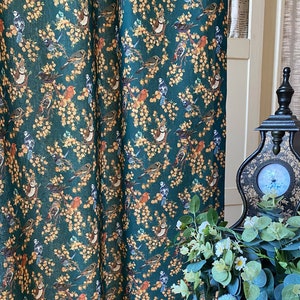 Set of 2 Green Birds Farmhouse Cotton Linen Curtains Tree Botanical Cotton Drapes Living Room Bedroom Curtain Panels Bay Window Long Curtain