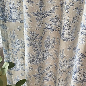 French Toile de Jouy Linen Curtain Blue Beige Pastoral Pattern Provence Vintage Style Farmhouse Linen Drapes Long Bay Window Bespoke Panels