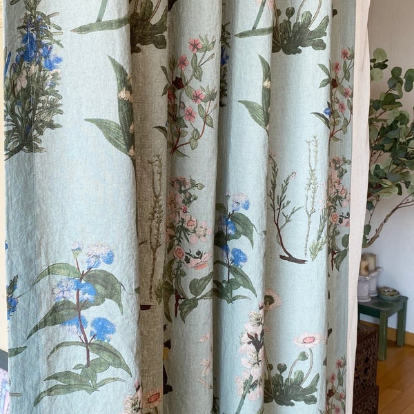 Set of 2 Washed Linen Curtains Dusty Blue Farmhouse Linen Curtains Botanical Wildflower Curtain Panel Nature Flower Pattern Plant Curtains