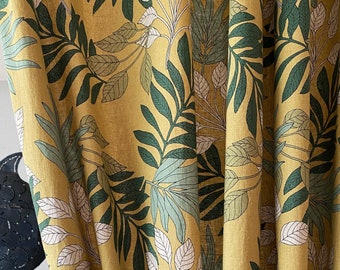 Set of 2 Linen Curtains Farmhouse Mustard Linen Drapes Botanical Leaves Curtain Panel French Country Flower Pattern Drapes Kitchen Valance