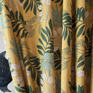 Set of 2 Linen Curtains Farmhouse Mustard Linen Drapes Botanical Leaves Curtain Panel French Country Flower Pattern Drapes Kitchen Valance