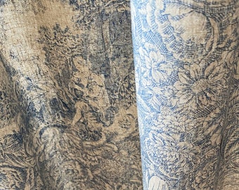 Set of 2 French Beige Blue Toile Linen Curtains Farmhouse Linen Drapes Floral Curtain Panel Long Bay Window Bespoke Living Room Curtains