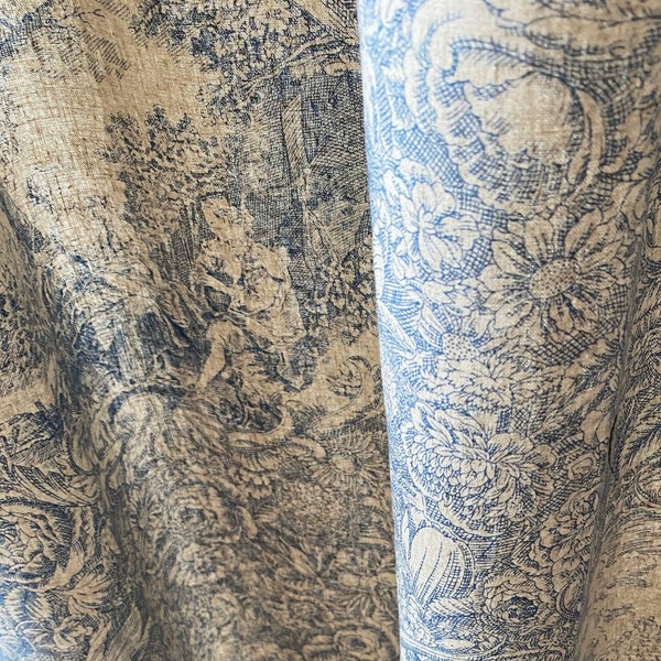 Set of 2 French Beige Blue Toile Linen Curtains Farmhouse Linen Drapes Floral Curtain Panel Long Bay Window Bespoke Living Room Curtains