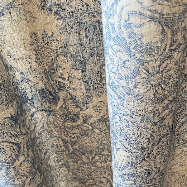Beige Blue Toile De Jouy Linen Curtains French Provincial Drapes Traditional Pastoral Print Window Panels Farmhouse Floral Bespoke Curtain