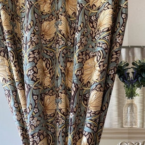 Heavy Linen Drapes William Morris Pimpernel Linen Curtains Botanical Gold Floral Window Panel Victorian Antique Pattern Living Room Set of 2