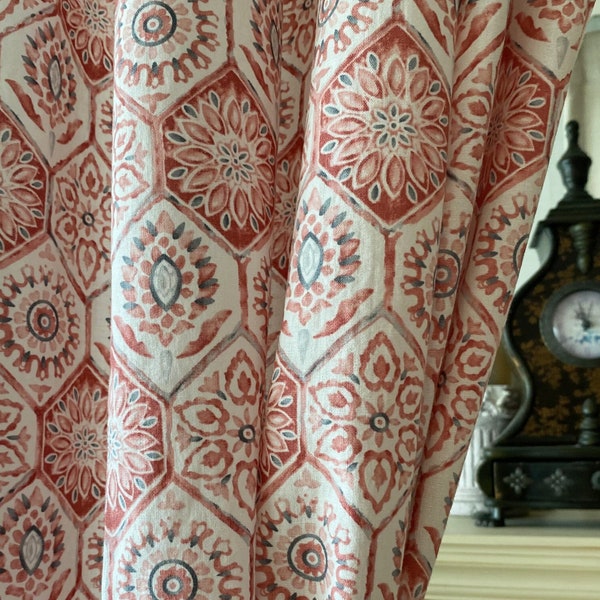 Set of 2 Moroccan Floral Red Linen Curtains Tile Texture Linen Drapes Boho Pattern Curtain Panels Kitchen Cafe Summer Vibe Modern Valance