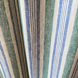 Linen Stripe Curtains Sage Green and Navy Blue Ticking Stripe Drapes Modern Vintage Coastal Stripe Curtain Panel Bedroom Kids Room Set of 2