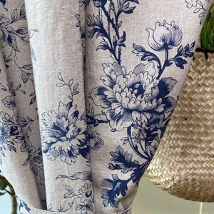 Blue and Natural Linen Curtain Panels French Country Floral Drapes Farmhouse Cottage Core Chinoiserie Peony Print Living Room Bedroom Cafe