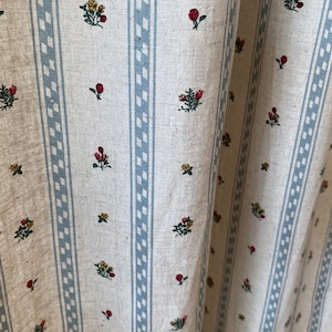 Linen Floral Stripe Curtains Blue Striped Modern Vintage Vibe Natural Shabby Chic Linen Drapes Bedroom Kids Room Window Panels Set of 2