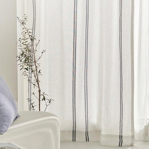 Ivory White Linen Curtains French Modern Vertical Blue Stripes Drapery Natural Rustic Cottage Custom Nautical Panel Cafe Valances Set of 2