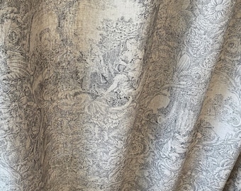 Set of 2 French Beige Grey Toile Linen Curtains Farmhouse Linen Drapes Floral Curtain Panel Long Bay Window Bespoke Living Room Curtains