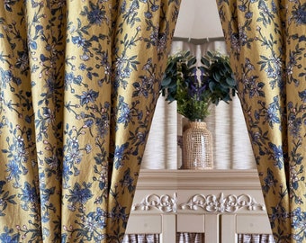 Juego de 2 cortinas de lino amarillo mostaza, estilo rústico, estilo retro, con flores, estilo francés, para cocina