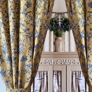 Set of 2 Mustard Yellow Linen Curtains Farmhouse Linen Drapes Retro Floral Curtain Panel Cute French Country Flower Drapes Kitchen Valance