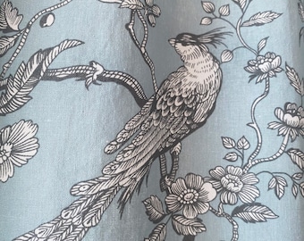 Light Blue Linen Curtains Birds Botanical Print Toile Farmhouse Drapes French Country Panel Cottage Core Decor Bay Window Bespoke Set of 2
