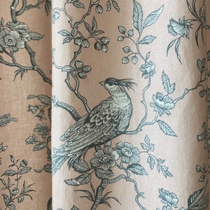 Set of 2 Pink Linen Curtains Birds Plants Farmhouse Linen Drapes French Country Curtain Panel Long Bay Window Bespoke Small Window Curtains