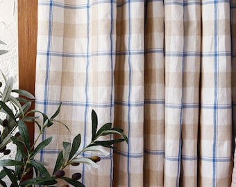 Set of 2 Checkered Plaid Curtains Farmhouse Buffalo Check Curtain Blue Striped Curtain Panels Natural Linen Curtains Beige Checkered Curtain