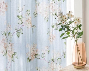 Set of 2 Washed Linen Curtains Blue White Floral Linen Curtains Cherry Blossom Botanical Curtain Panel Bedroom Curtains Farmhouse Curtains