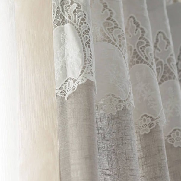 Pair Beautiful Linen Curtains French Drapes with Lace Valance Wedding Drapes Burlap Curtains French Lace Curtains Beige Linen Curtain Panels