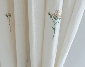Set of 2 Minimalist Floral White Linen Curtains Country Drapes Softened Linen Retro Boho Curtain Panel Custom Curtains Living Room Drapery