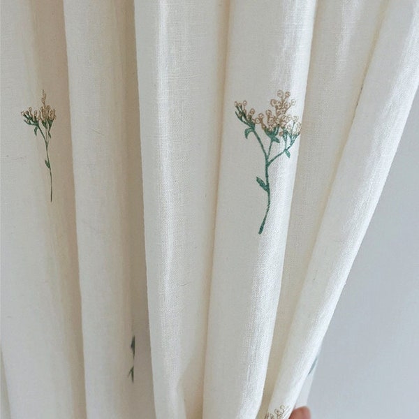 Set of 2 Minimalist Floral White Linen Curtains Country Drapes Softened Linen Retro Boho Curtain Panel Custom Curtains Living Room Drapery