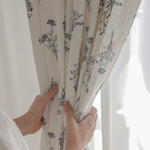 Set of 2 Ivory Floral Curtain Panel Farmhouse Linen Curtains Washed Linen Drapes Natural Linen Living Room Curtain Flower Patterns are BLACK