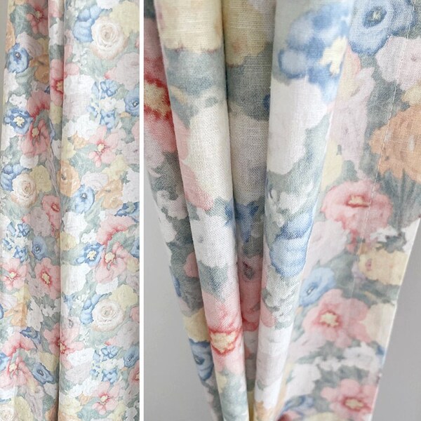 Set of 2 Watercolor-Style Print Floral Linen Curtains Country Drapes Softened Linen Retro Boho Curtain Panel Custom Curtains Living Room