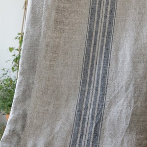 Set of 2 Heavy Weight 100% Linen Curtains Blue Striped Softened European Washed Linen French Style Natural Rustic Grain Sack Linen Drapes