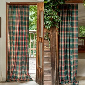 Tartan Plaid Curtains Green Gingham Drapery Modern Vintage Farmhouse Cottage Watch Check Panels Red Holiday Boho Living Room Drape Set of 2