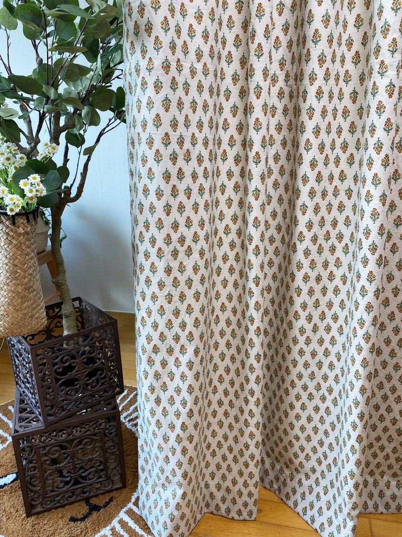 Set of 2 Natural Linen Curtains Farmhouse Linen Drapes Retro Floral Curtain Panel Cute French Country Flower Drapes Kitchen Cafe Valance image 2