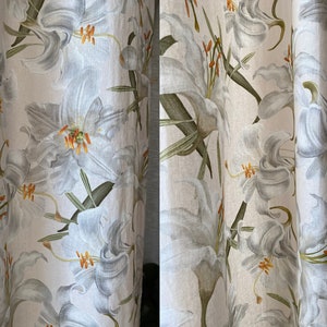 Set of 2 Linen Curtains Lily Floral Drapes French Country Big Flower Pattern Drapes Living Room Bay Window Extra Long Curtain Short Panels