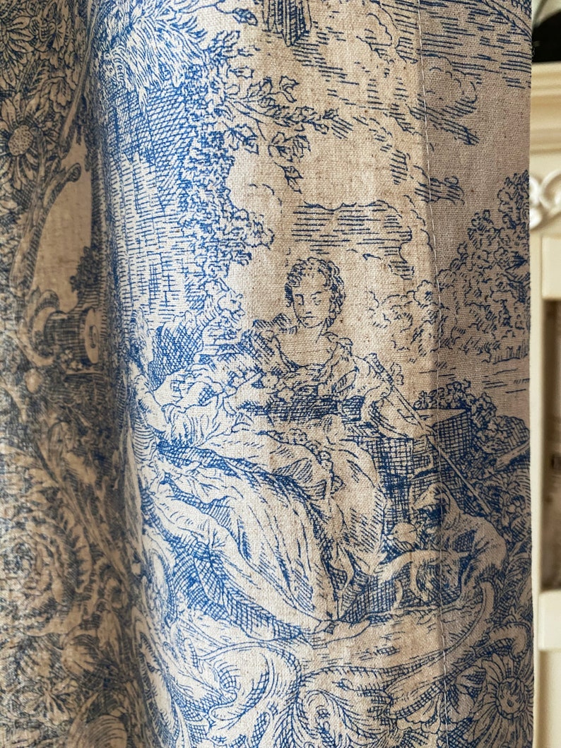 Set of 2 French Beige Blue Toile Linen Curtains Farmhouse Linen Drapes Floral Curtain Panel Long Bay Window Bespoke Living Room Curtains image 5