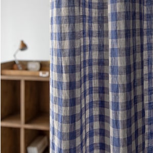 Blaue Gingham karierte Vorhänge Bauernhaus Buffalo Check Plaid Benutzerdefinierte Vorhänge gewaschenes Leinen Panels Boho Vintage Cottage Vibe Set von 2