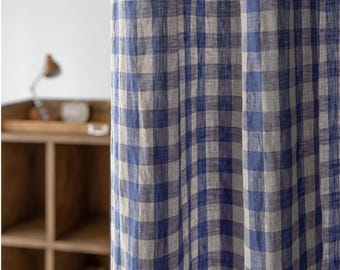 Blue Gingham Checkered Curtains Farmhouse Buffalo Check Plaid Custom Drapes Washed Linen Panels Boho Vintage Cottage Vibe Set of 2