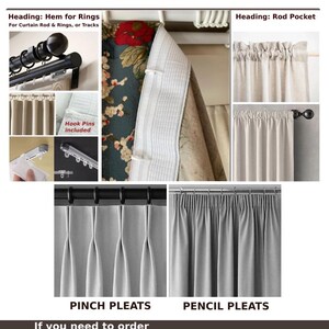 May include: A collage showcasing curtain header styles. Includes examples of hem for rings, rod pocket, pinch pleats, and pencil pleats. The text "All U.S. Orders Ship Tariff-Free!" is displayed at the top. The text "Hook Pins included" is also visible.